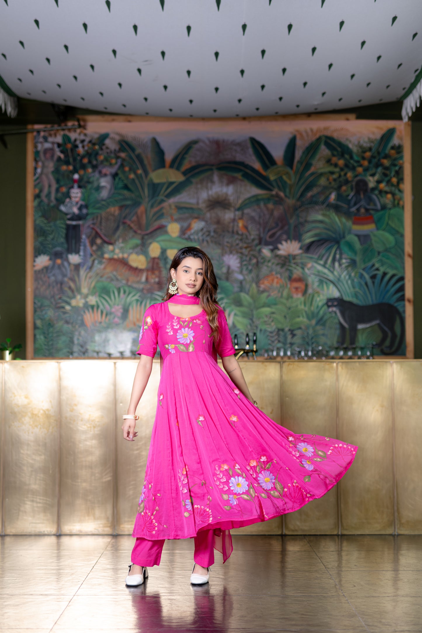 RANI PINK CHIFFON ANARKALI Kurta with Pant and Dupatta