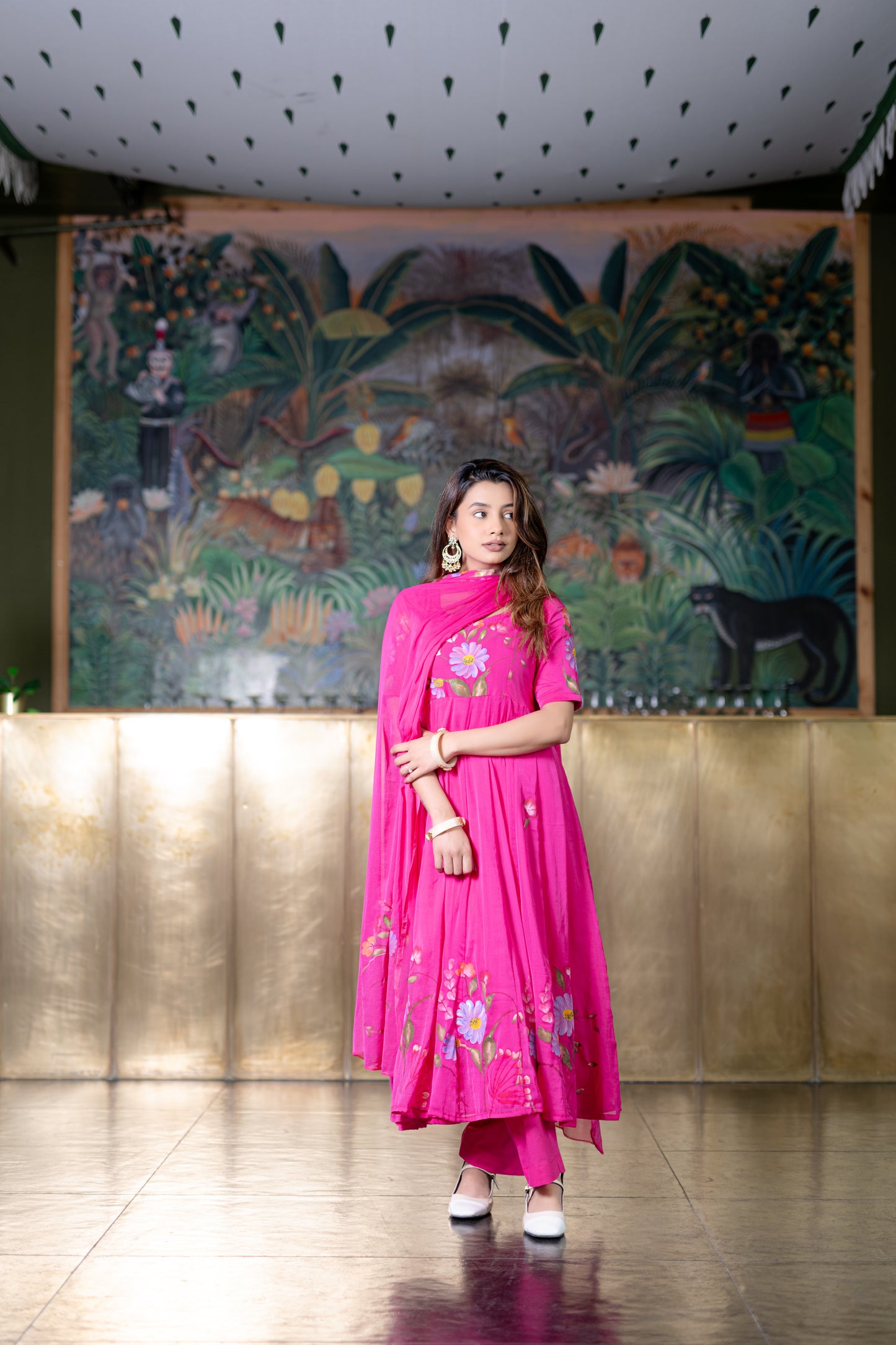 RANI PINK CHIFFON ANARKALI Kurta with Pant and Dupatta