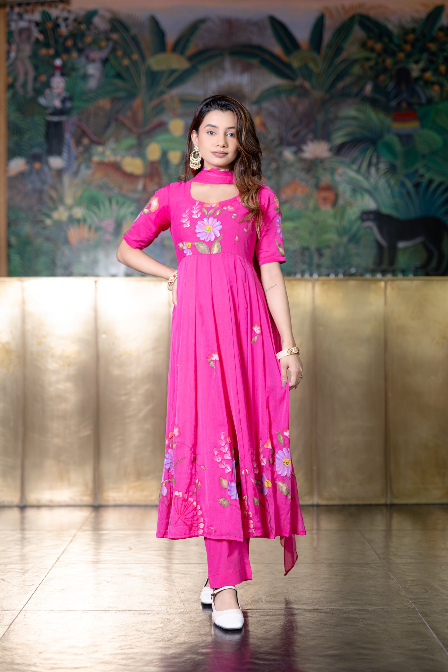 RANI PINK CHIFFON ANARKALI Kurta with Pant and Dupatta