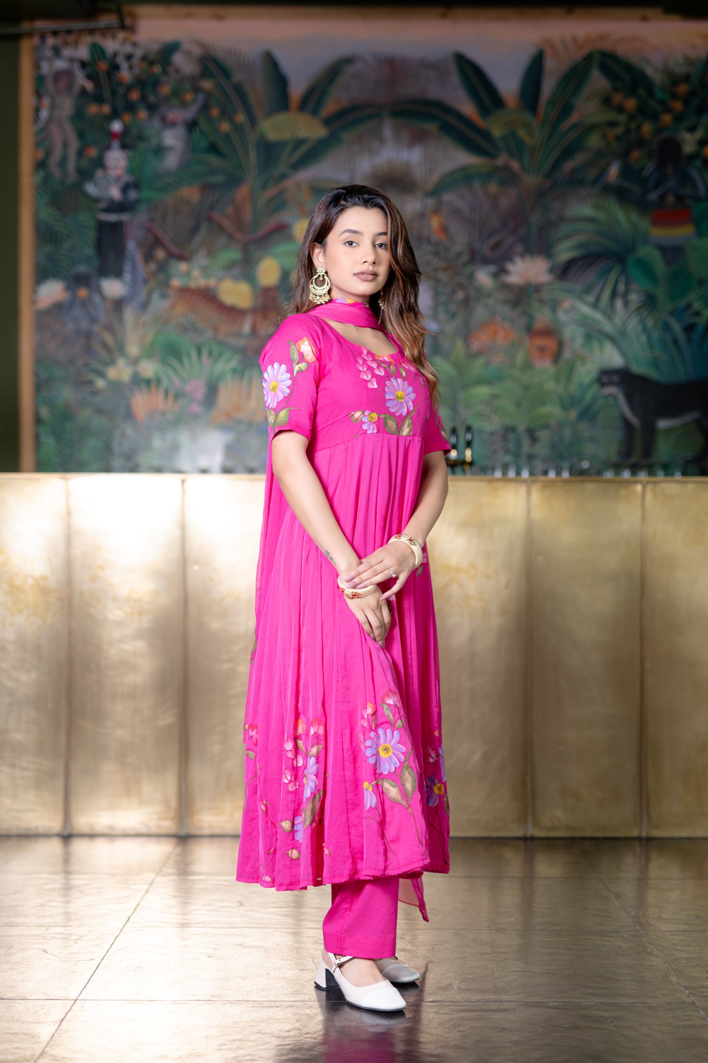 RANI PINK CHIFFON ANARKALI Kurta with Pant and Dupatta