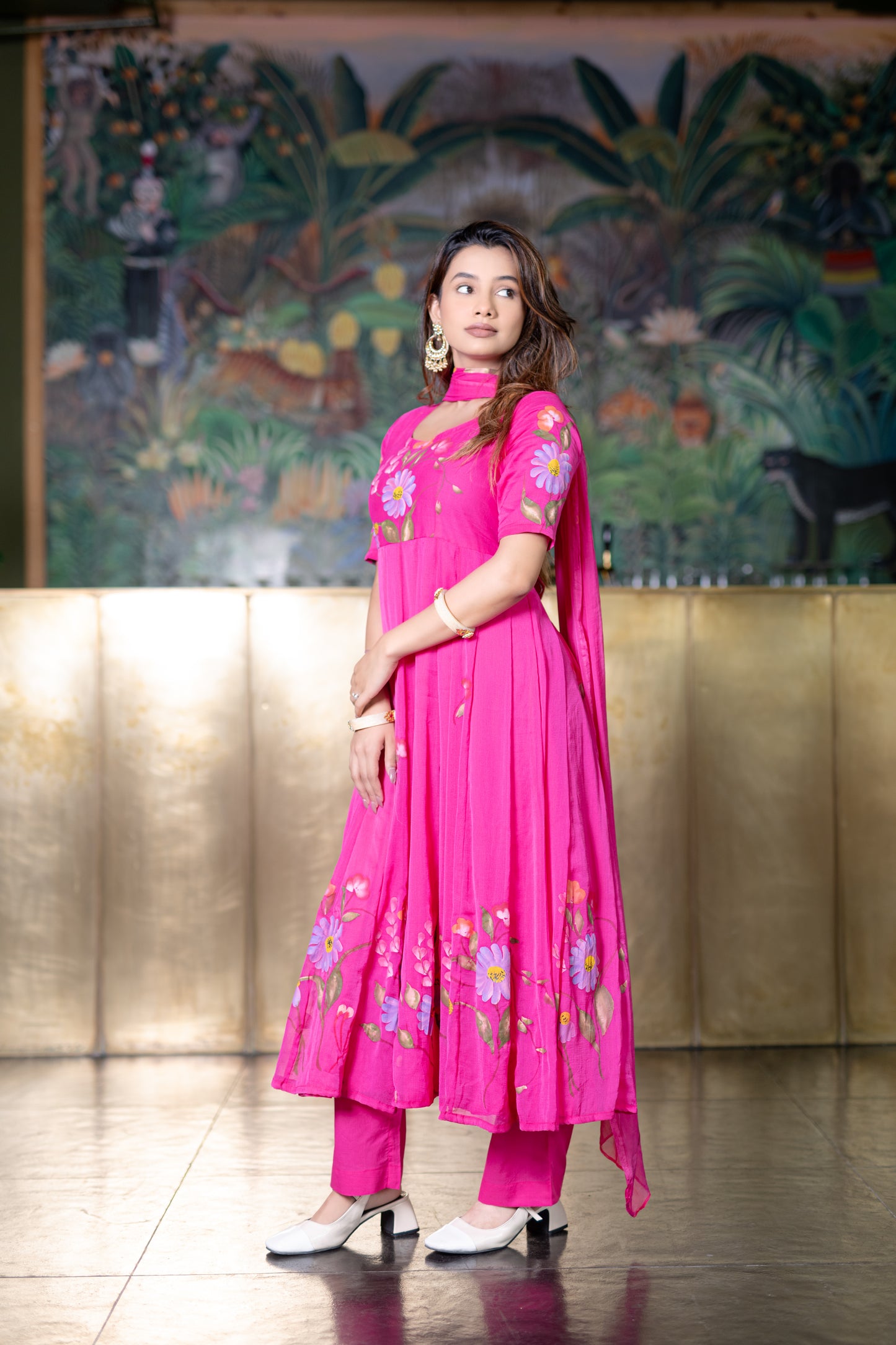 RANI PINK CHIFFON ANARKALI Kurta with Pant and Dupatta