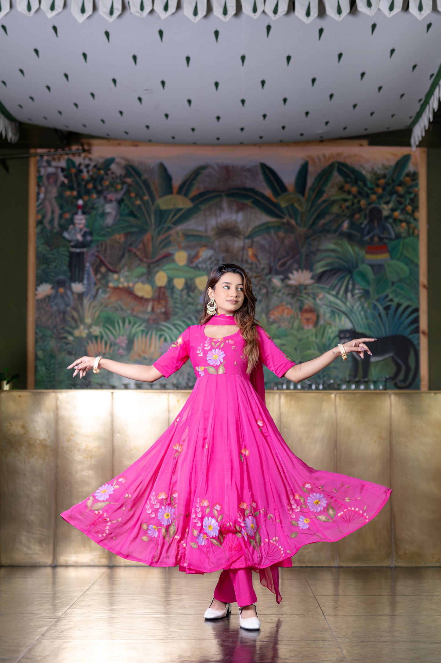 RANI PINK CHIFFON ANARKALI Kurta with Pant and Dupatta