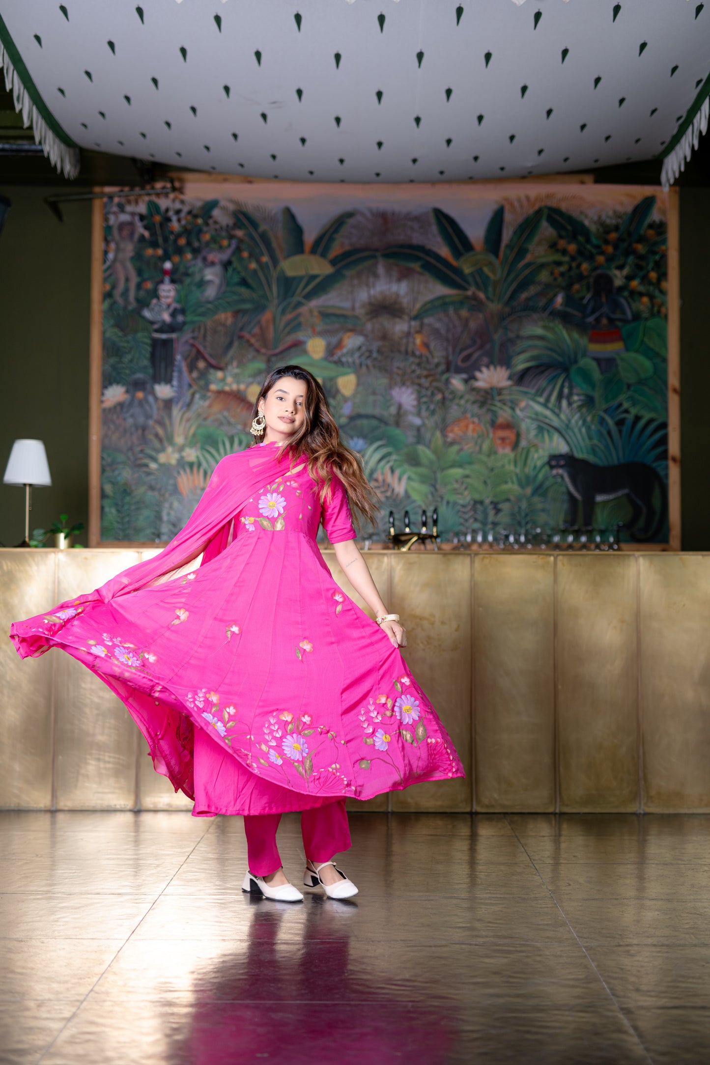 RANI PINK CHIFFON ANARKALI Kurta with Pant and Dupatta