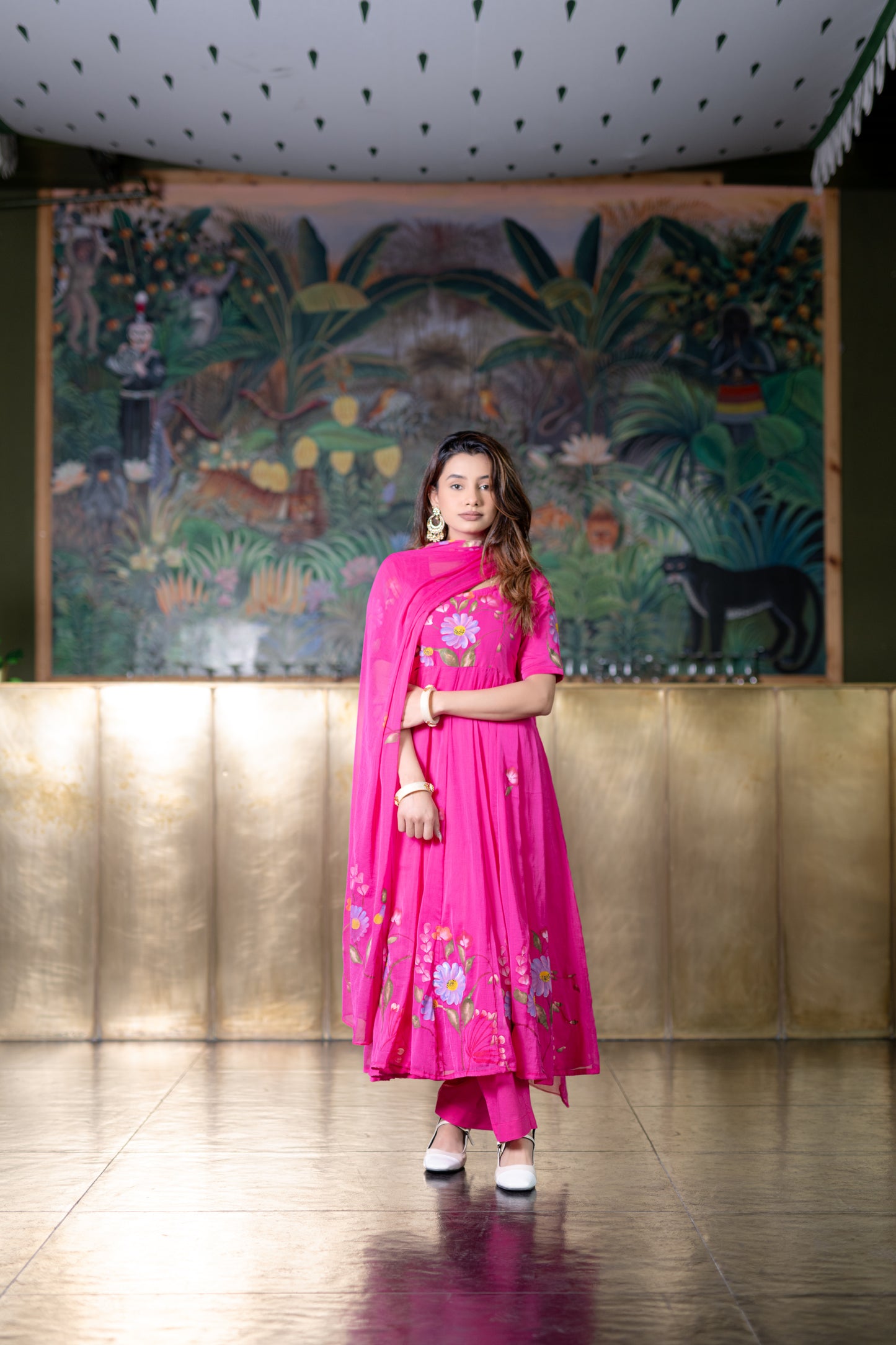 RANI PINK CHIFFON ANARKALI Kurta mit Hose und Dupatta