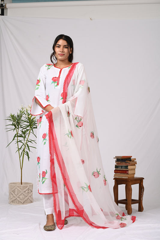 RED roses cotton kurta pant and dupatta handpainted with lace