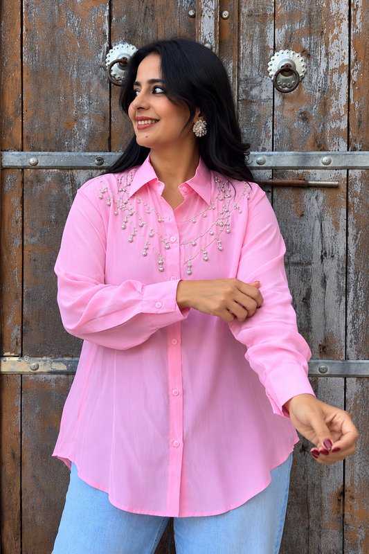 Juliet Pink Satin Crepe Handembroidered Shirt