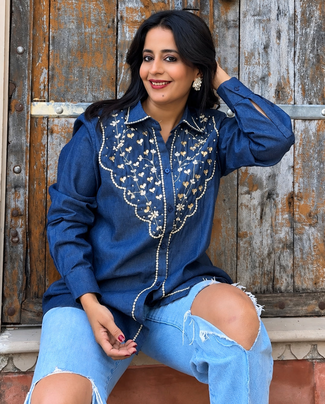 Denim Pearl Handwork Shirt