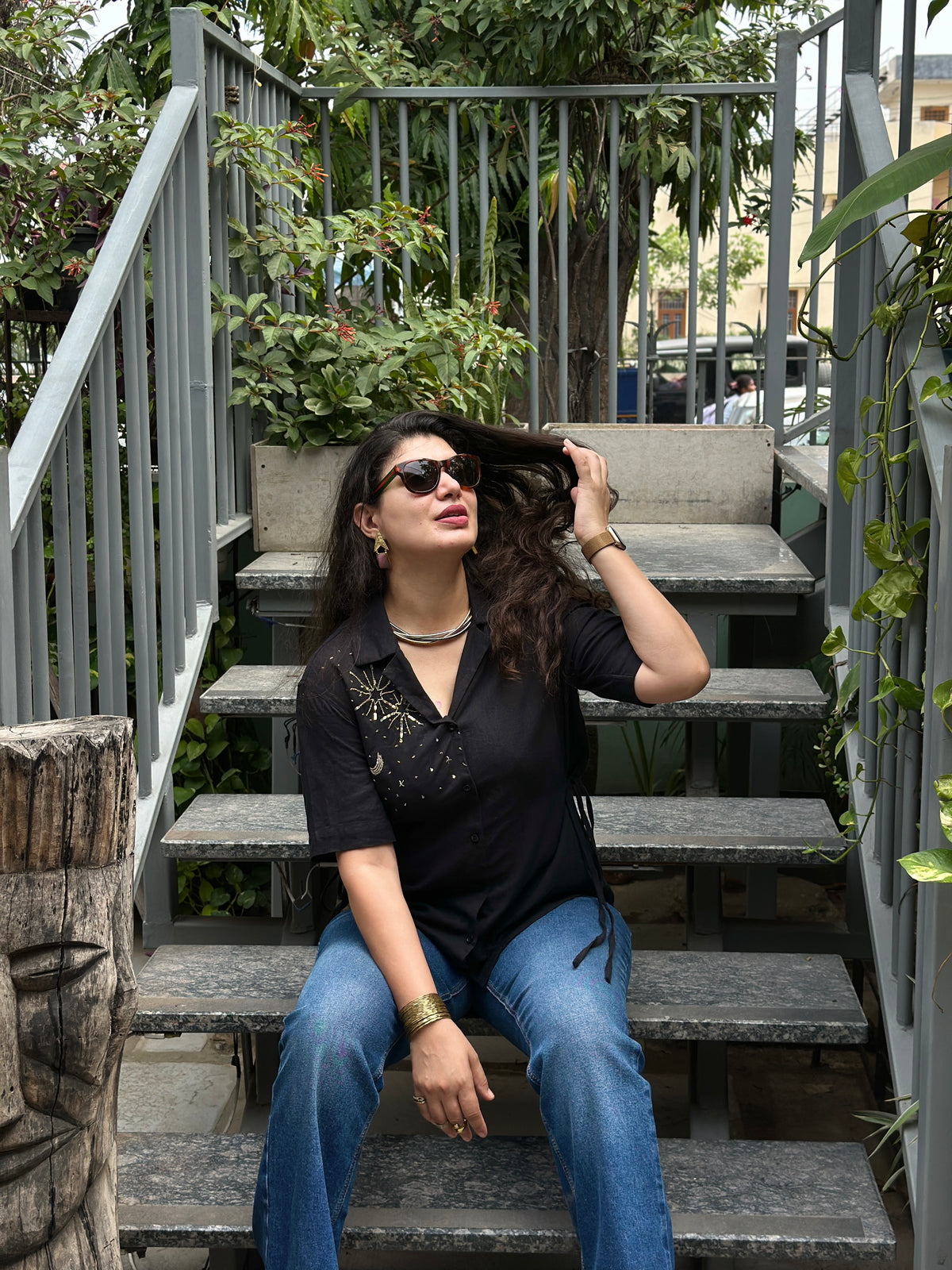 Sitara Handembroidered Black Cotton Shirt