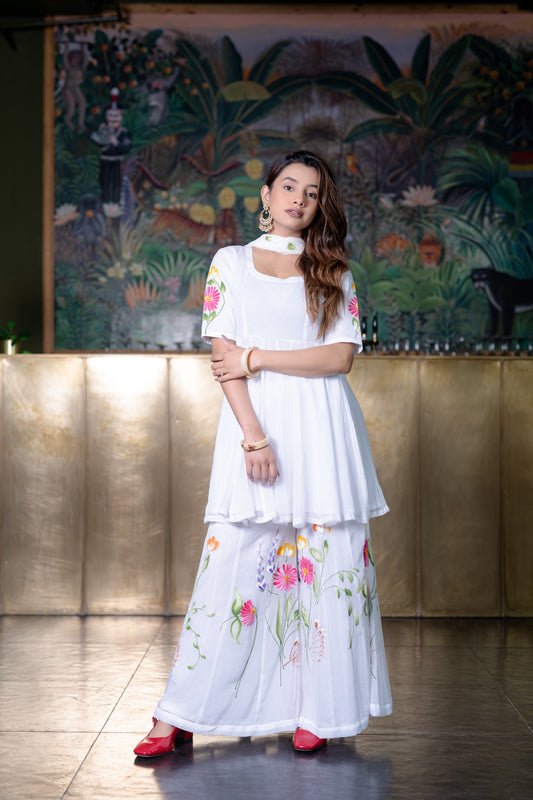 WHITE CHIFFON Kurta with PALAZZO and Dupatta