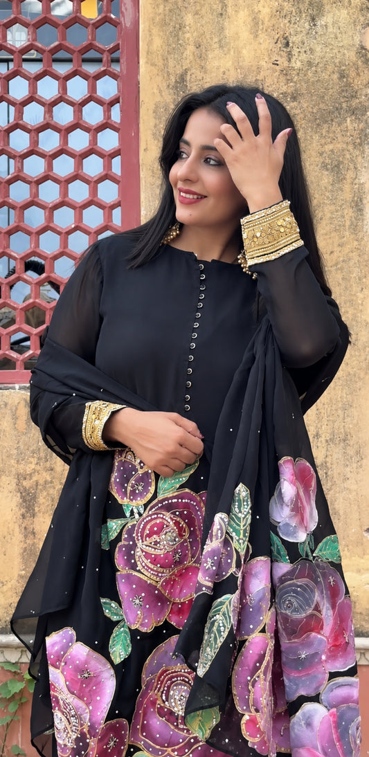 Surma Black Organza Handpainted & Handembroidered Kurta Set of 3