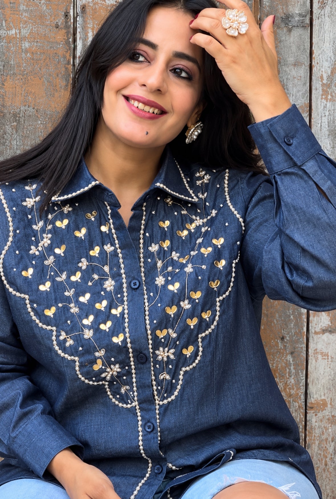 Denim Pearl Handwork Shirt
