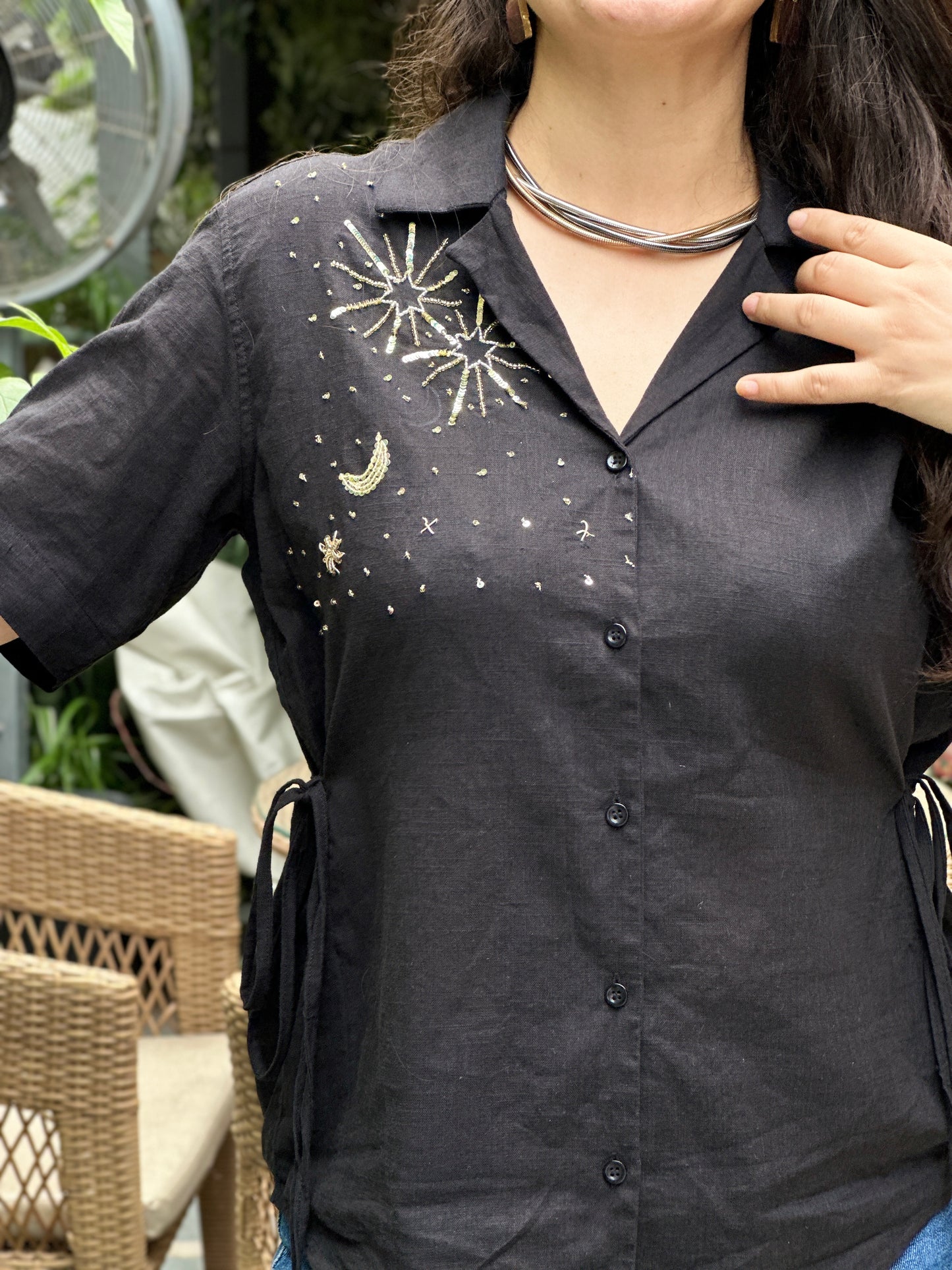 Sitara Handembroidered Black Cotton Shirt