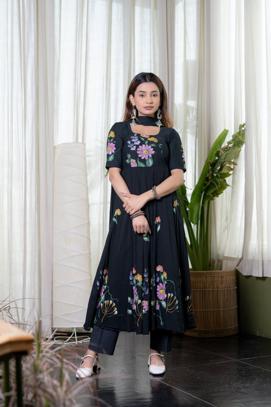 BLACK CHIFFON HANDPAINTED ANARKALI Kurta with Pant and Dupatta