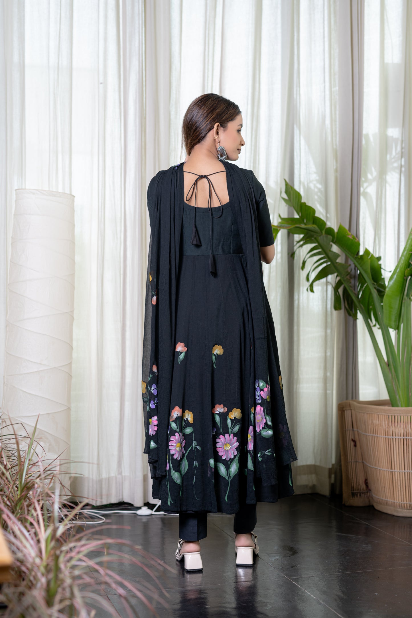 BLACK CHIFFON HANDPAINTED ANARKALI Kurta with Pant and Dupatta