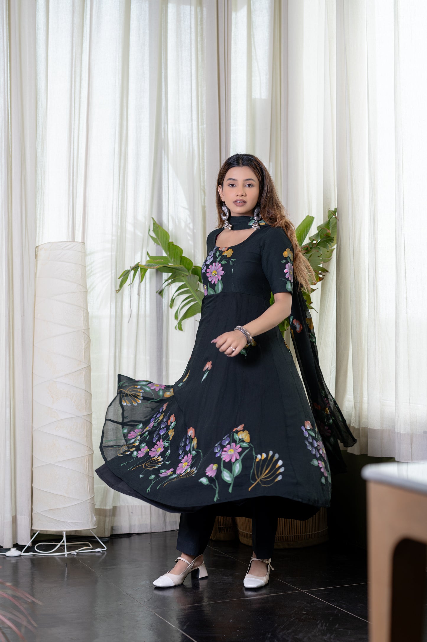 BLACK CHIFFON HANDPAINTED ANARKALI Kurta with Pant and Dupatta