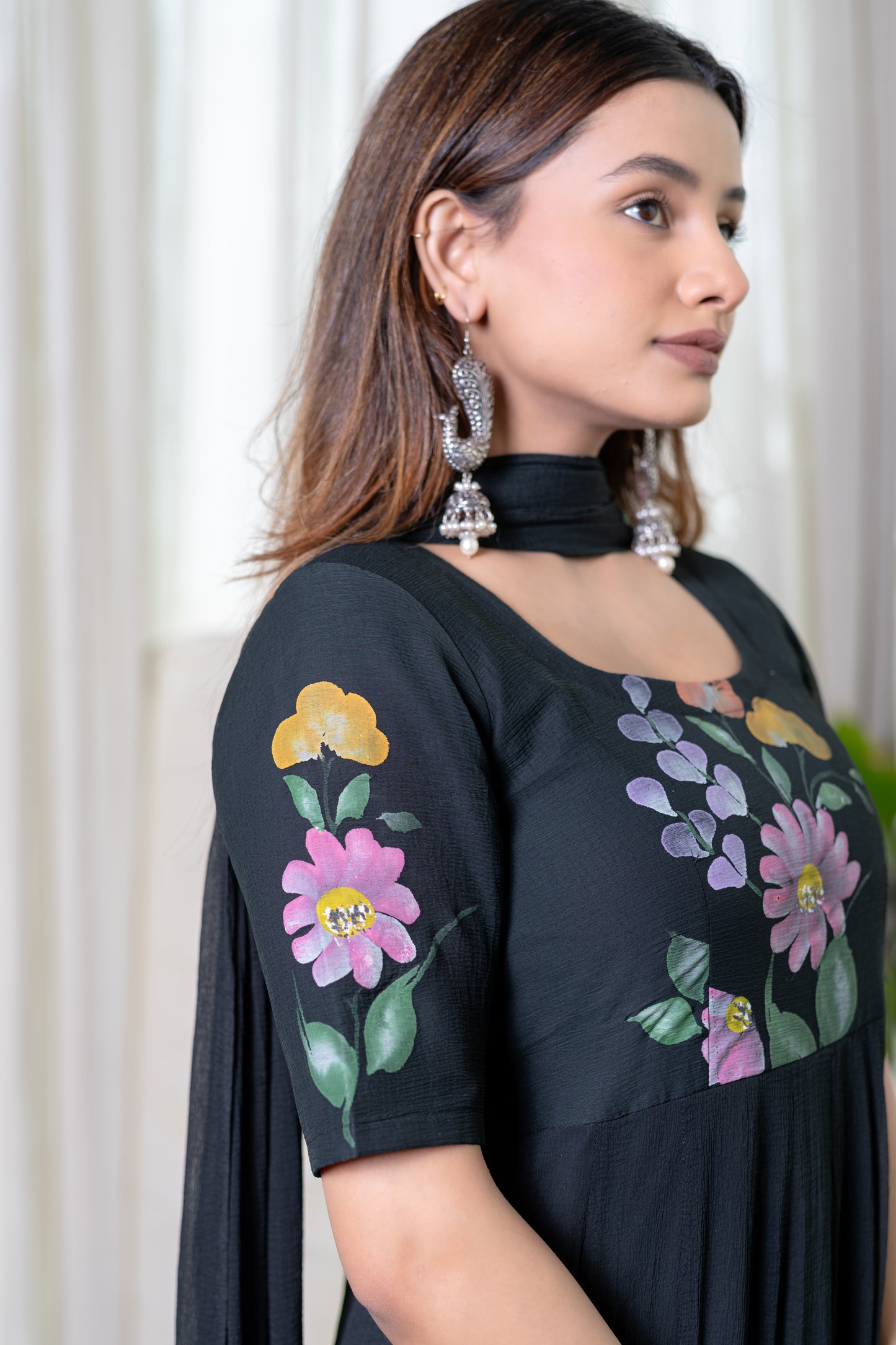 BLACK CHIFFON HANDPAINTED ANARKALI Kurta with Pant and Dupatta