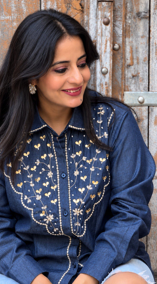 Denim Pearl Handwork Shirt