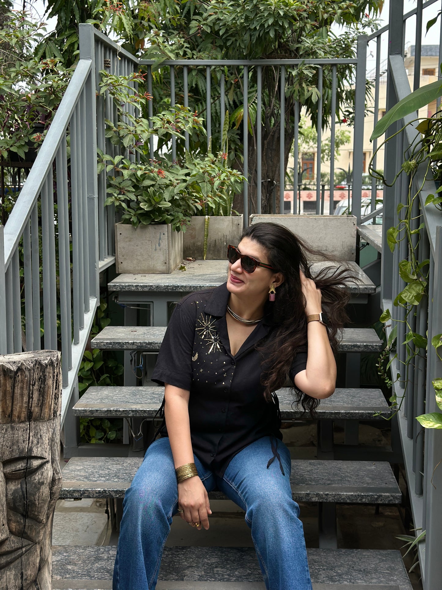Sitara Handembroidered Black Cotton Shirt