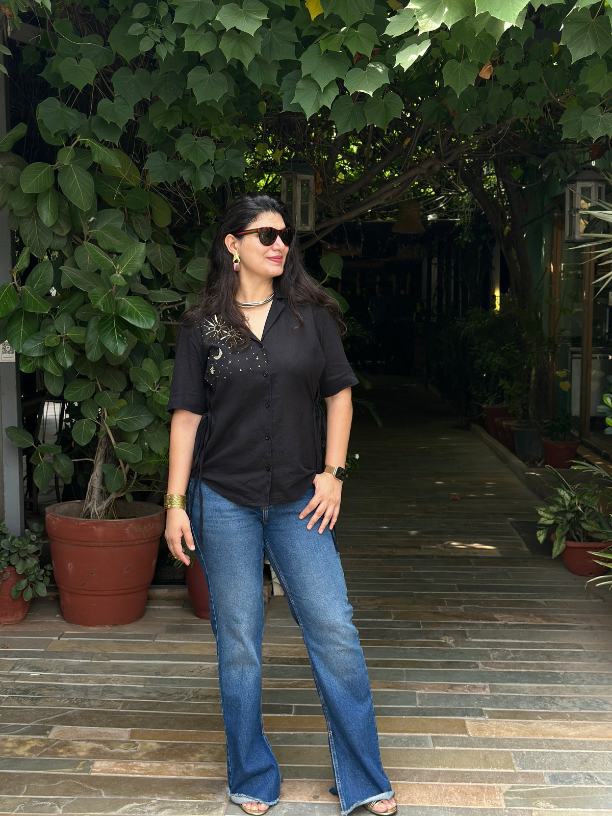 Sitara Handembroidered Black Cotton Shirt