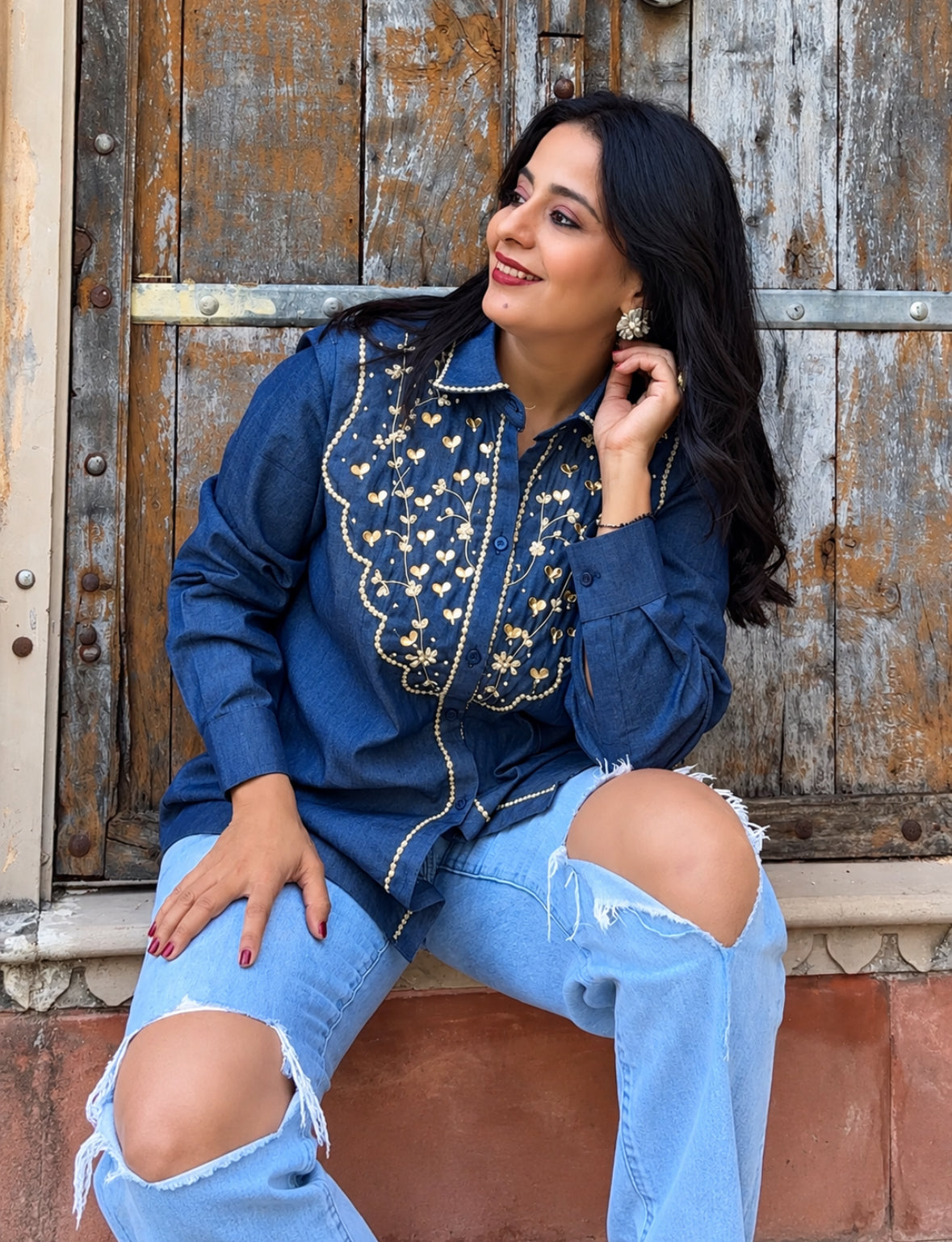 Denim Pearl Handwork Shirt