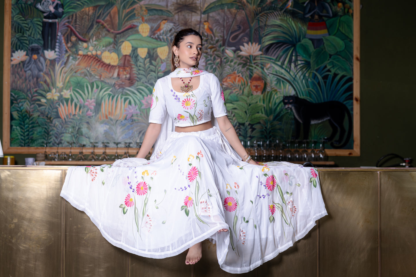 White Handpainted Lehenga Choli With Dupatta