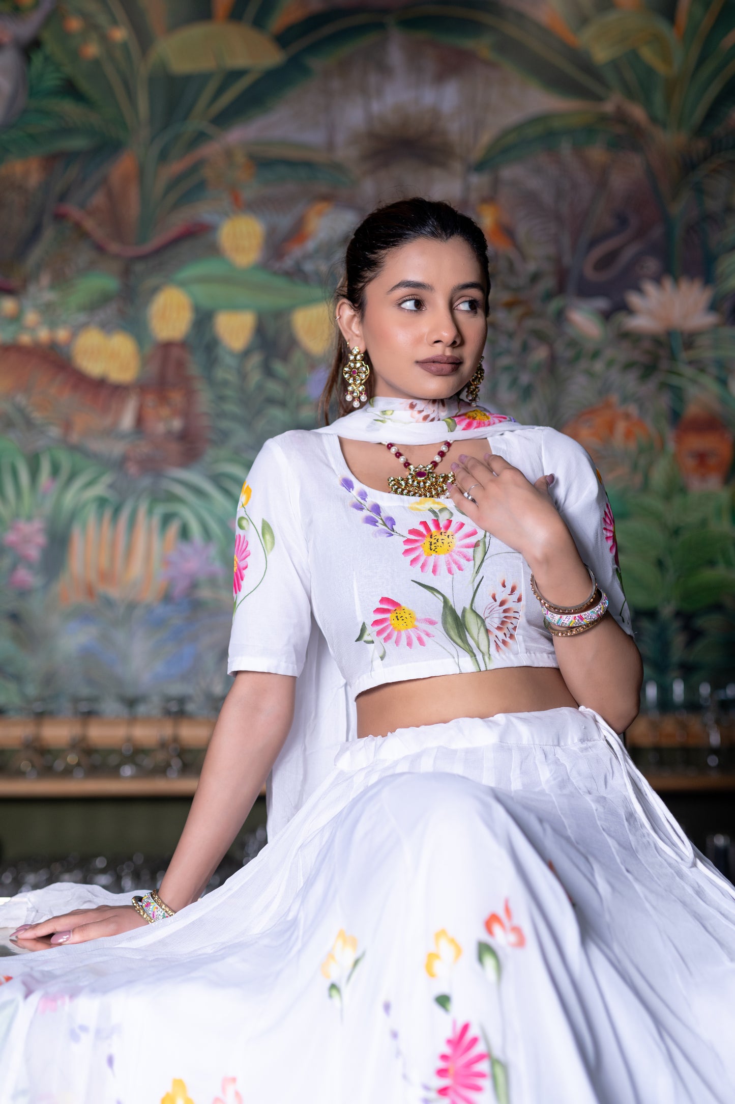 White Handpainted Lehenga Choli With Dupatta