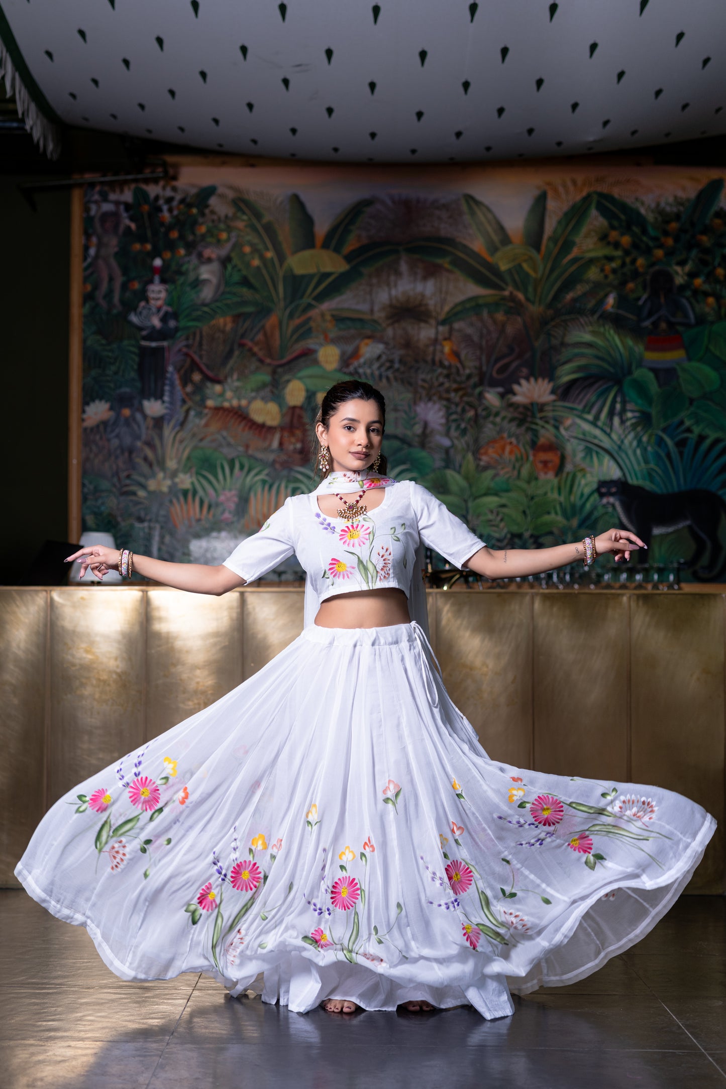 White Handpainted Lehenga Choli With Dupatta