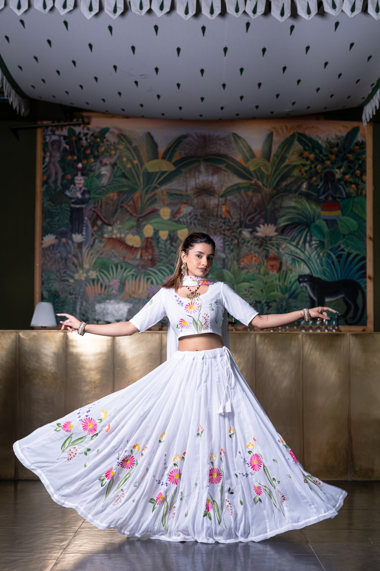 White Handpainted Lehenga Choli With Dupatta