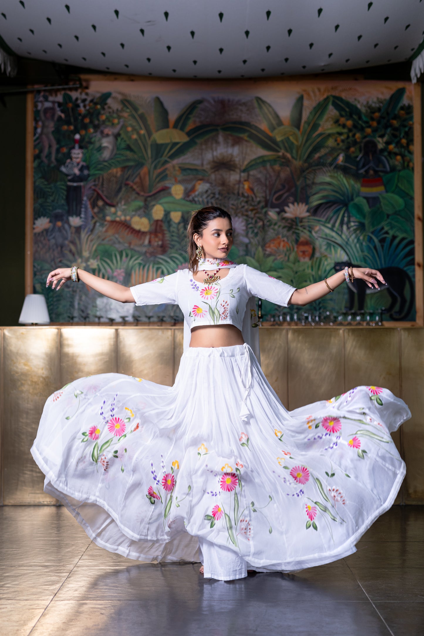 White Handpainted Lehenga Choli With Dupatta