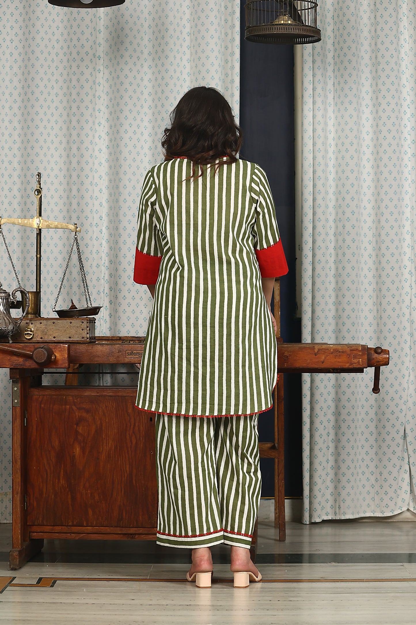 green striped patchwork & handwork short kurta set of 2