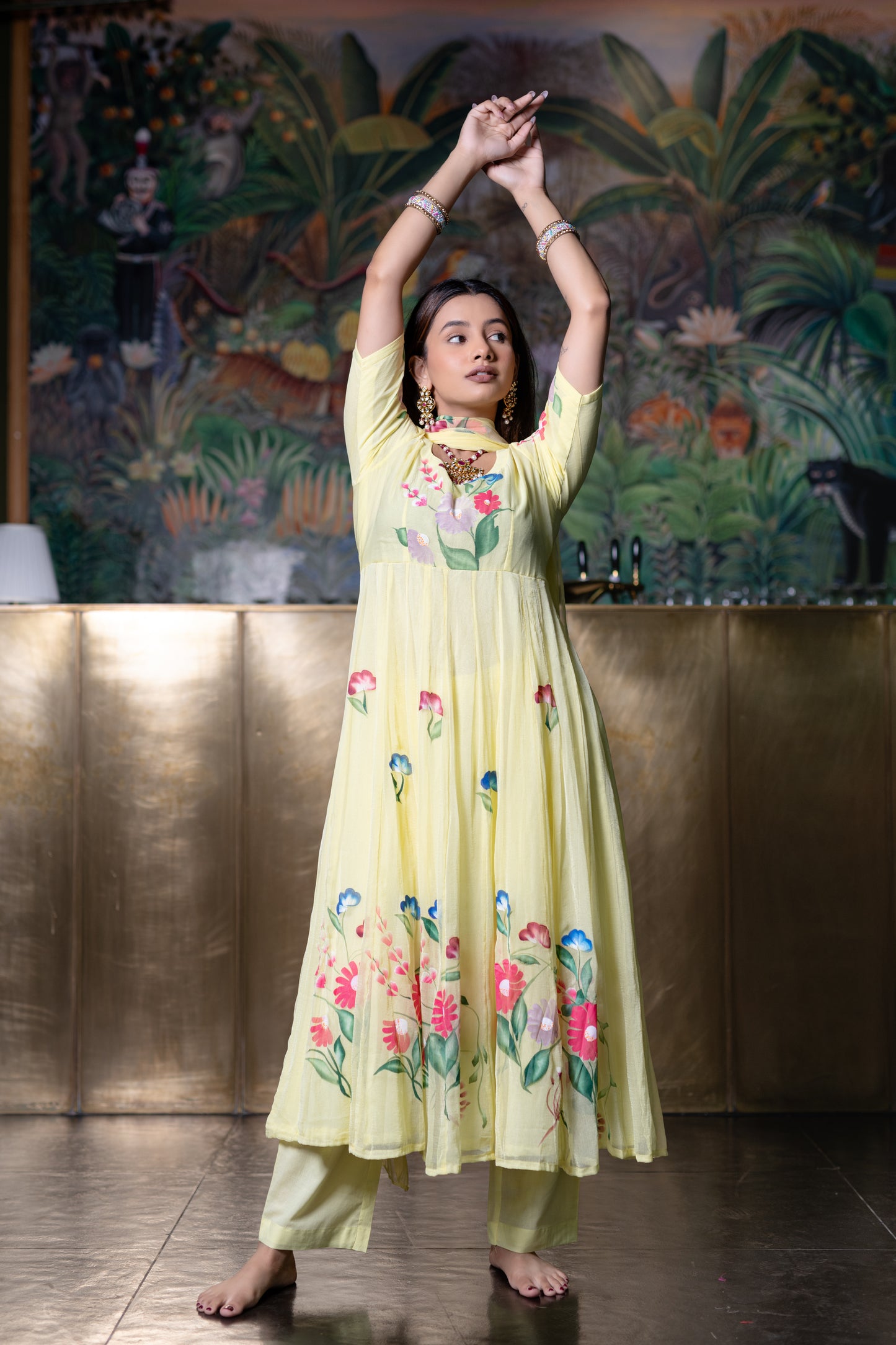 YELLOW CHIFFON ANARKALI Kurta with Pant and Dupatta