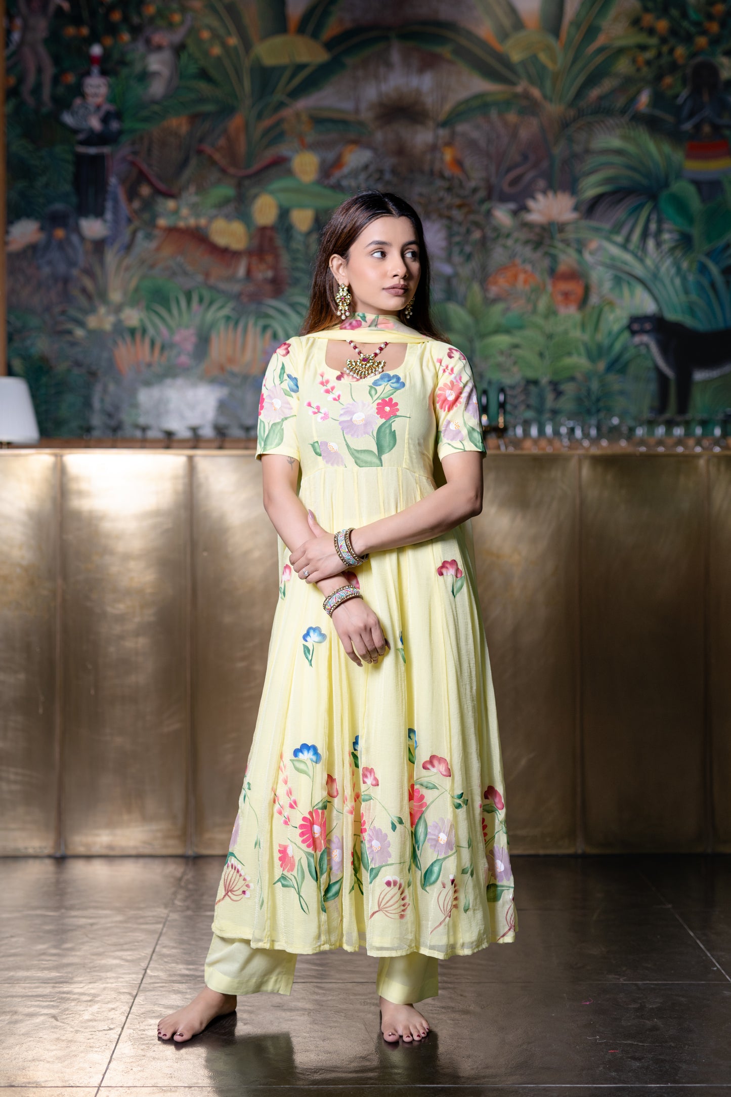 YELLOW CHIFFON ANARKALI Kurta with Pant and Dupatta