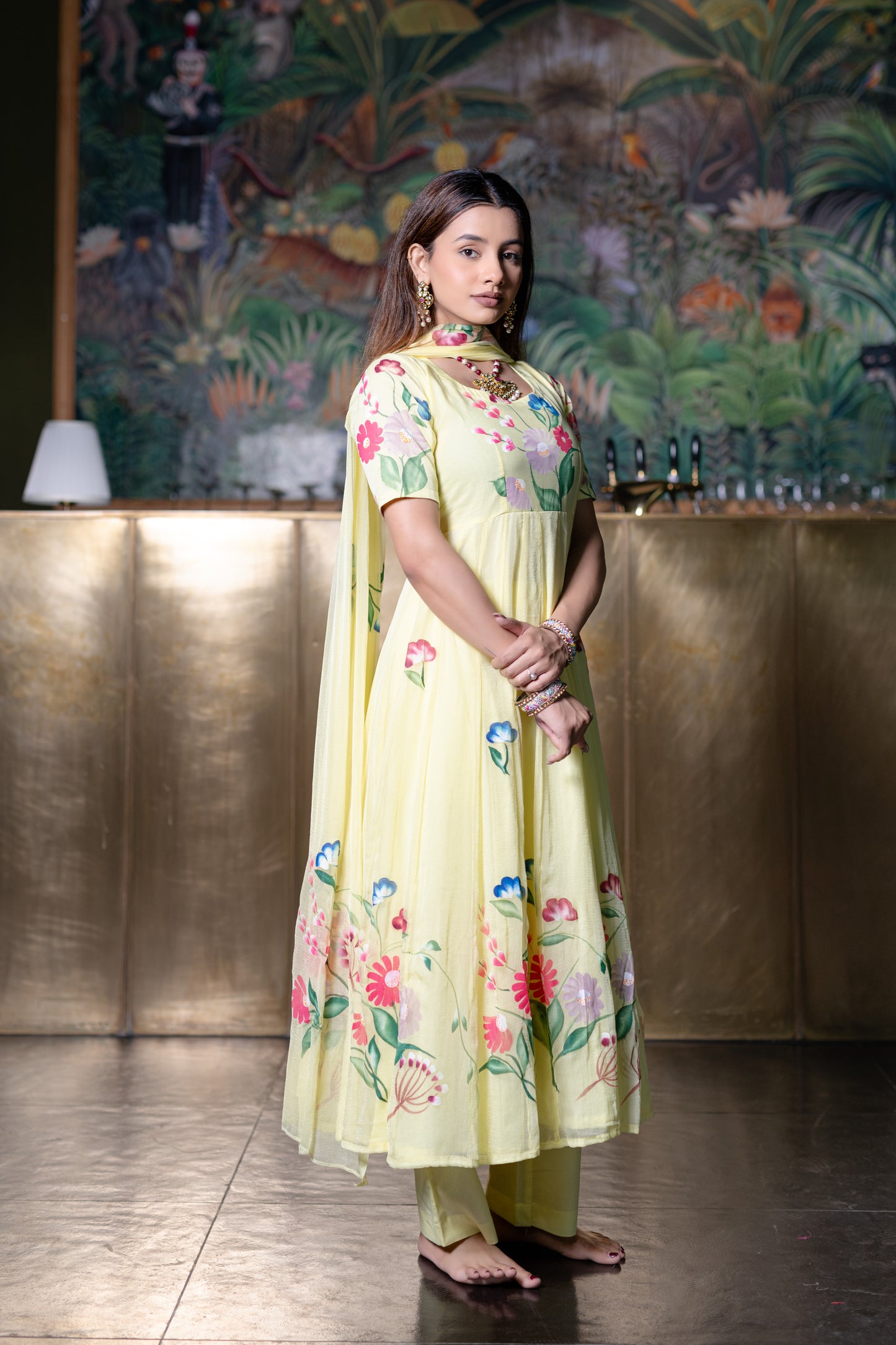 YELLOW CHIFFON ANARKALI Kurta with Pant and Dupatta