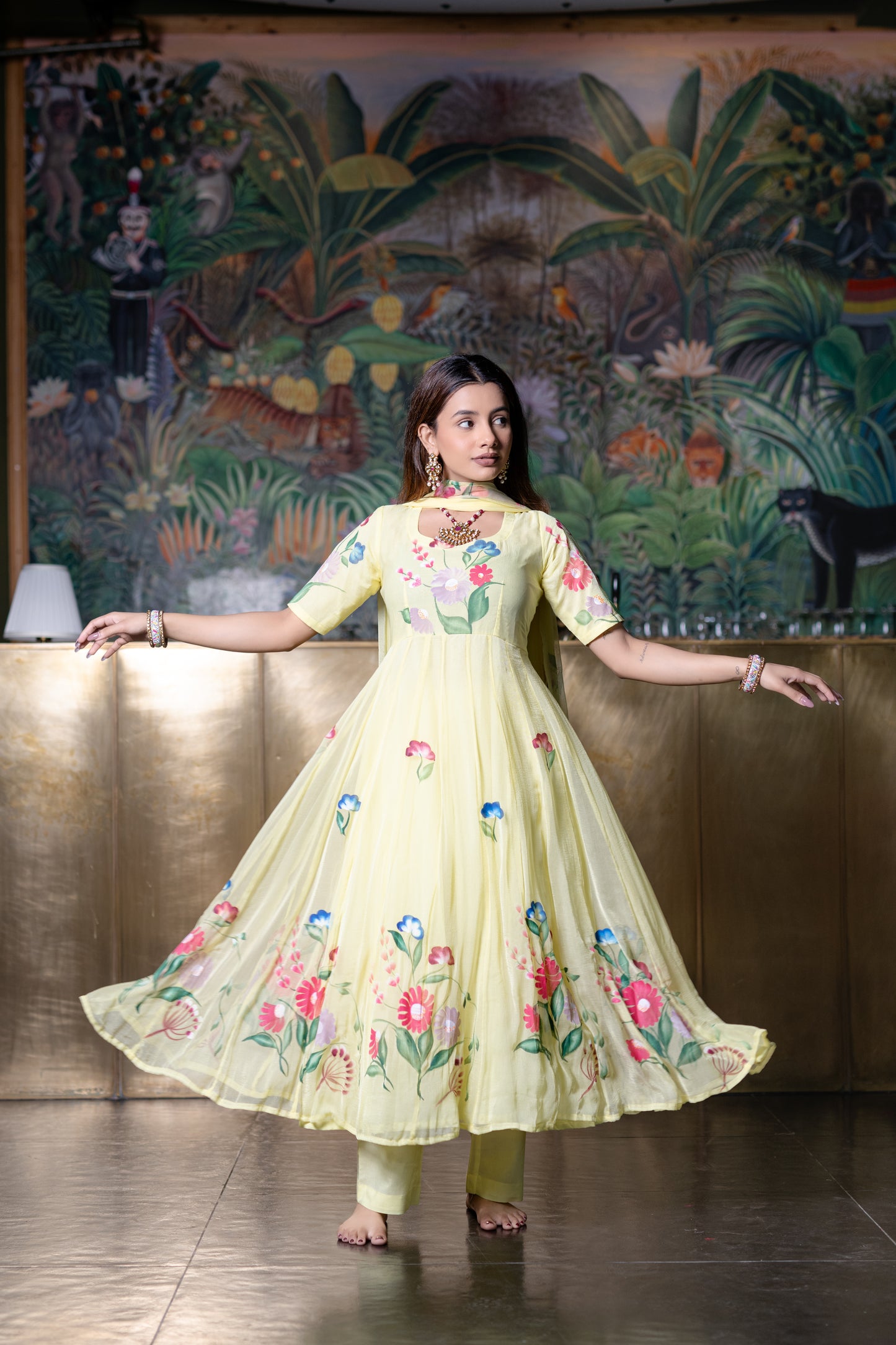 YELLOW CHIFFON ANARKALI Kurta with Pant and Dupatta