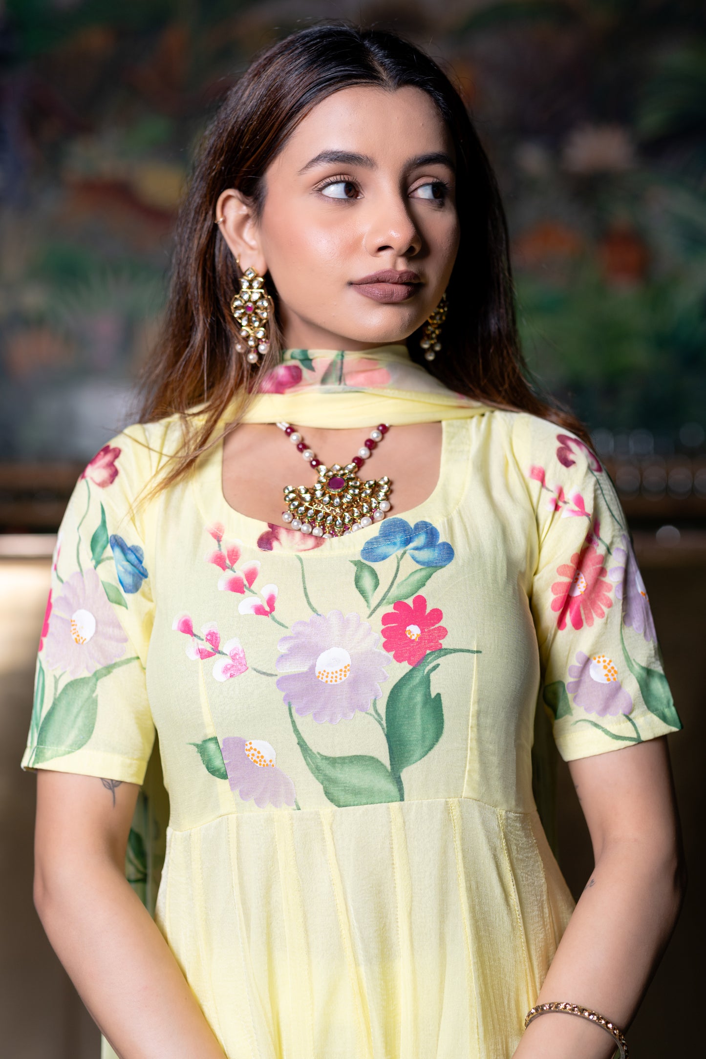 YELLOW CHIFFON ANARKALI Kurta with Pant and Dupatta