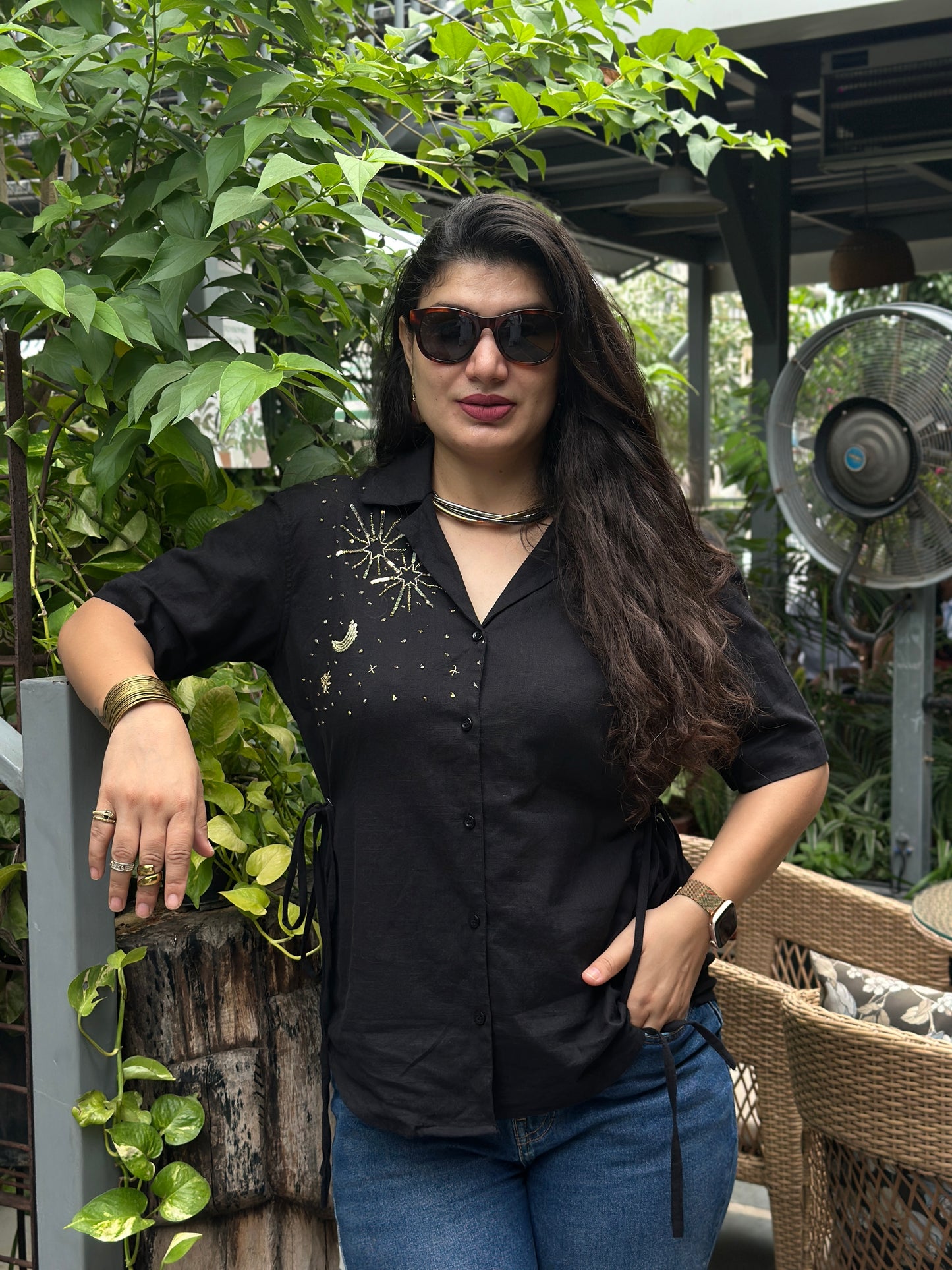 Sitara Handembroidered Black Cotton Shirt