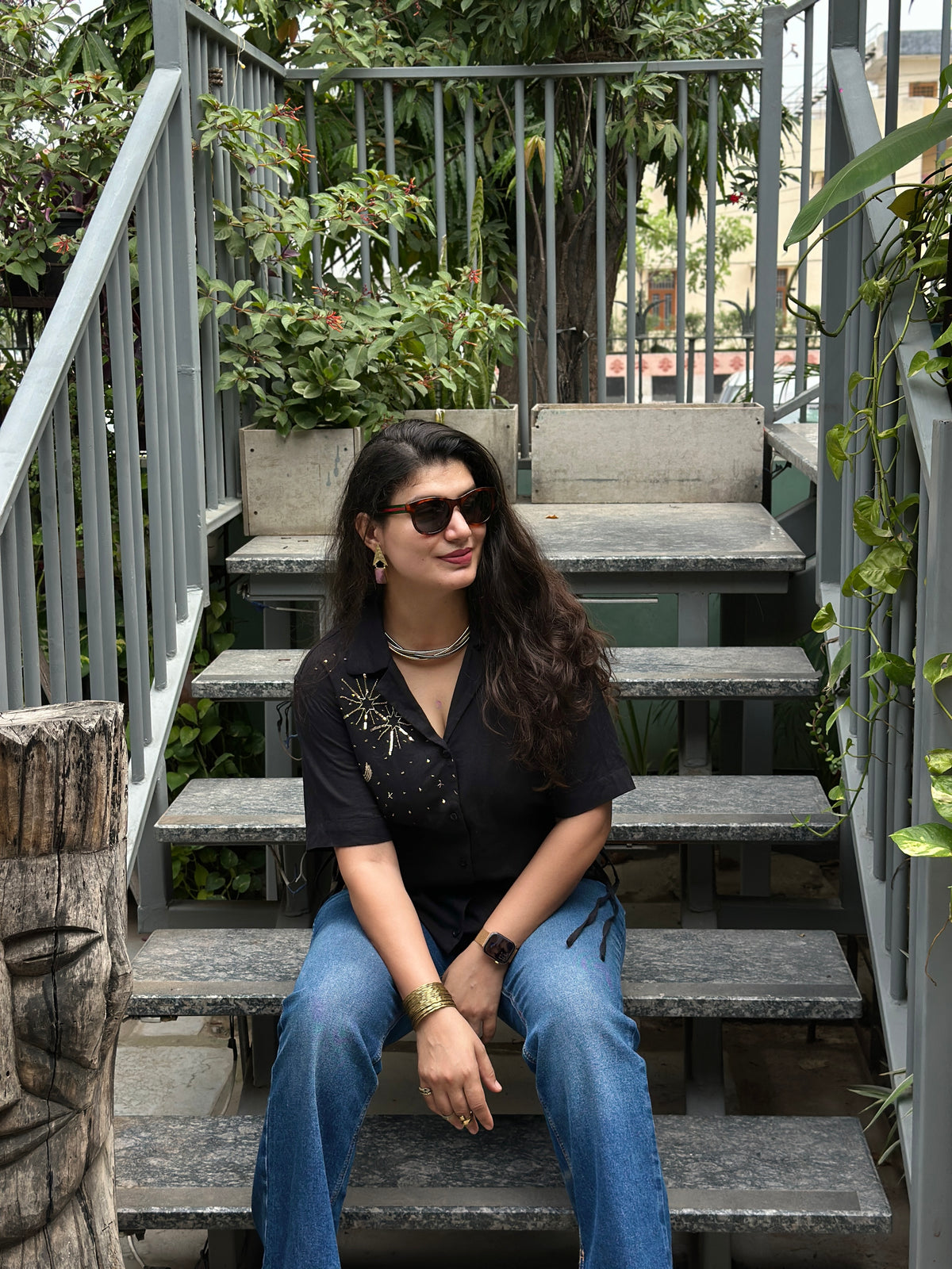 Sitara Handembroidered Black Cotton Shirt