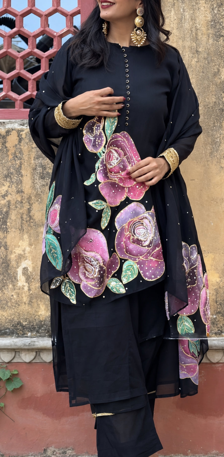 Surma Black Organza Handpainted & Handembroidered Kurta Set of 3