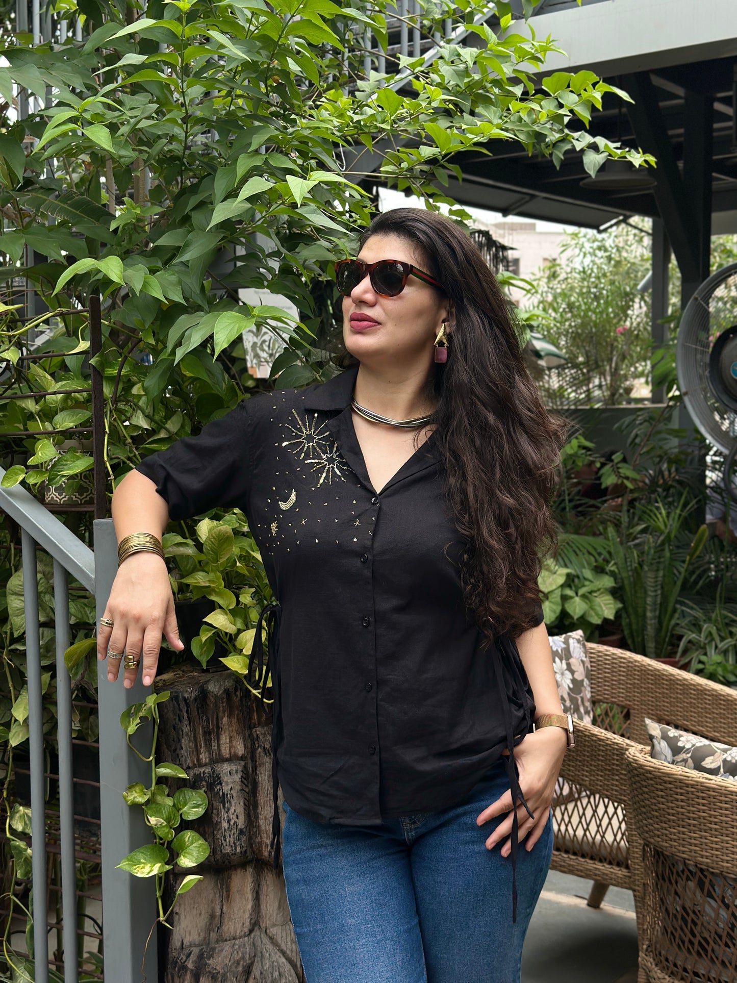 Sitara Handembroidered Black Cotton Shirt