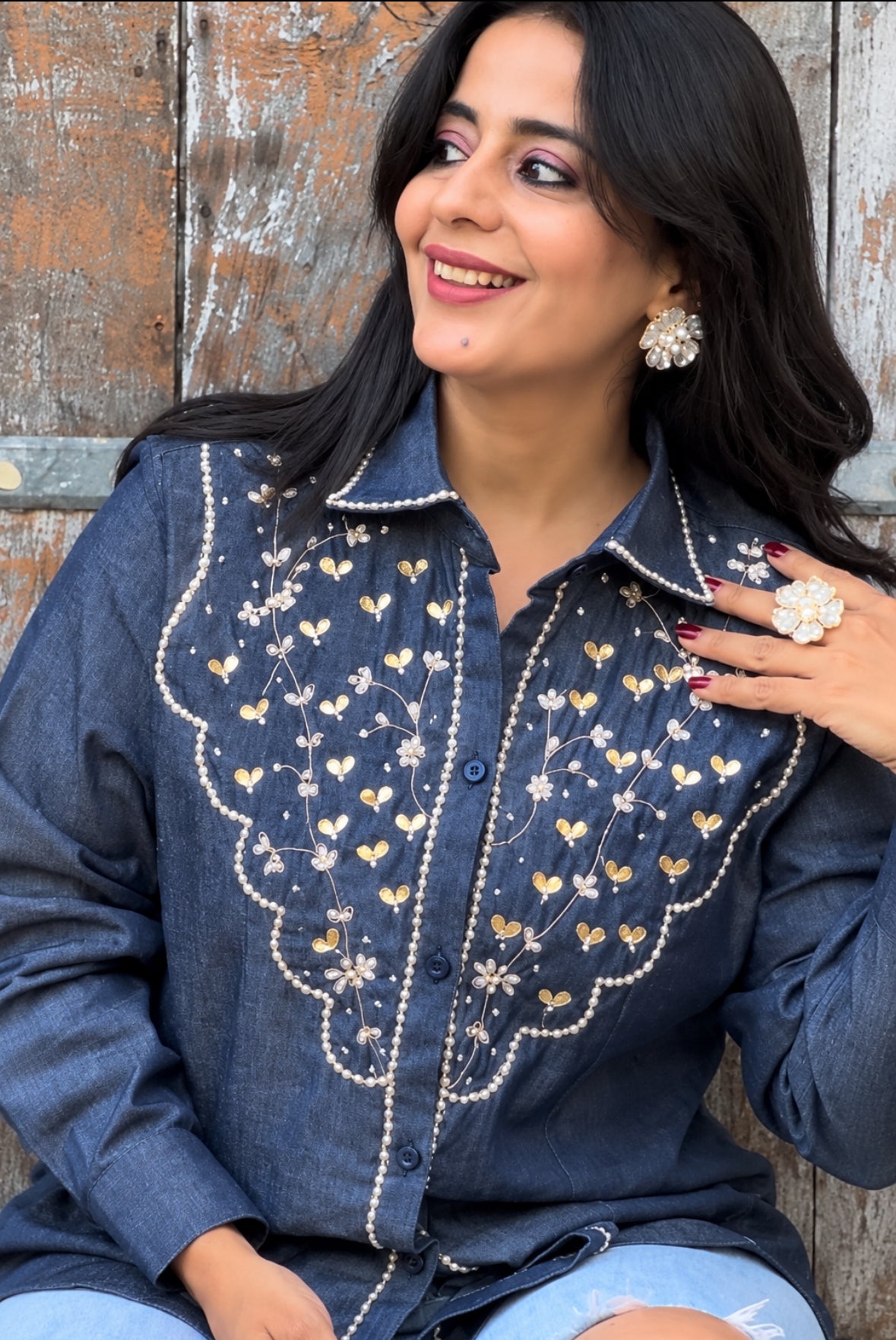 Denim Pearl Handwork Shirt