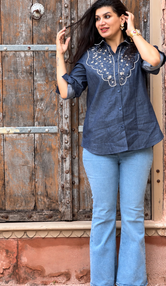 Denim Pearl Handwork Shirt