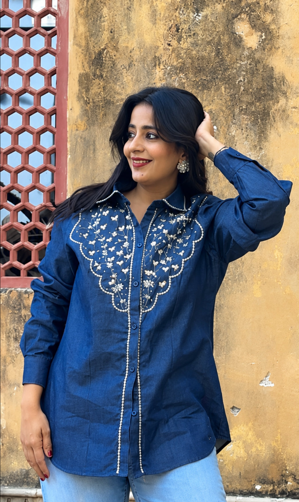 Denim Pearl Handwork Shirt