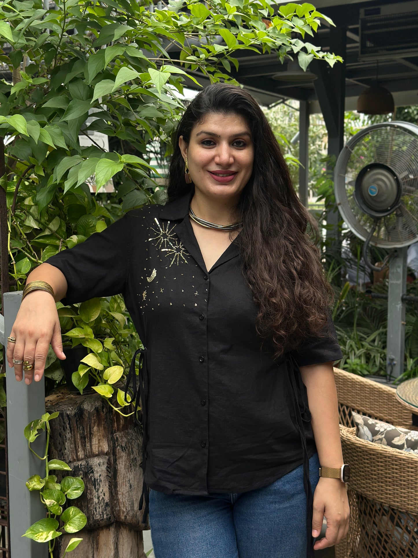 Sitara Handembroidered Black Cotton Shirt