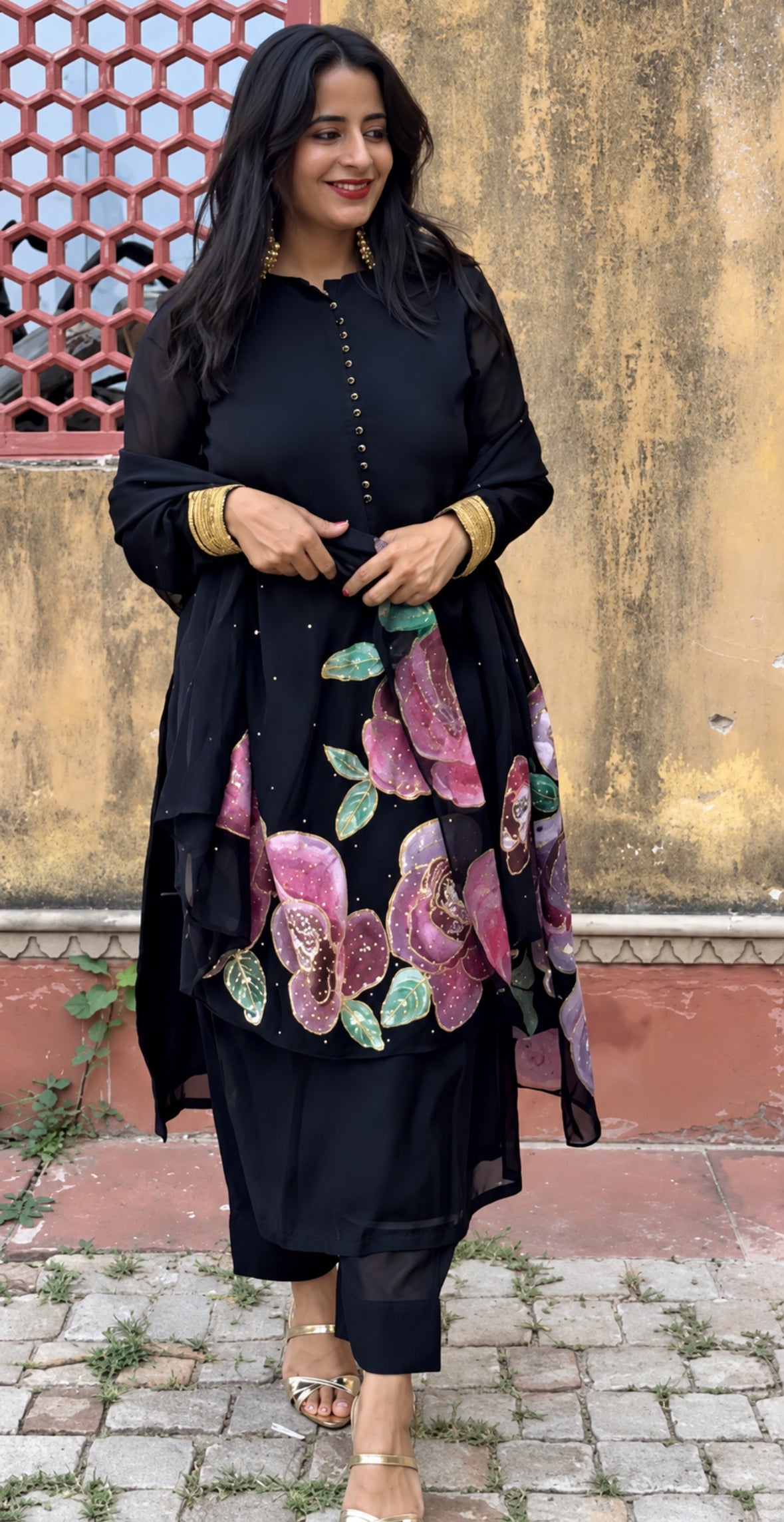 Surma Black Organza Handpainted & Handembroidered Kurta Set of 3