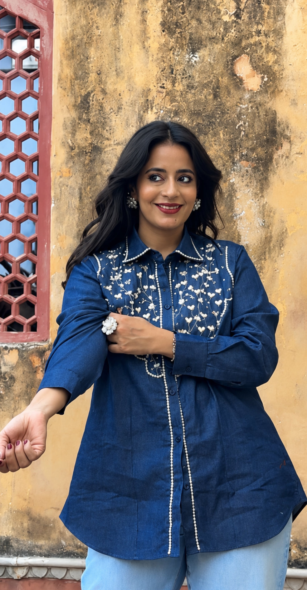 Denim Pearl Handwork Shirt