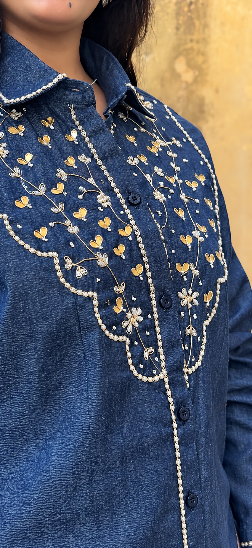 Denim Pearl Handwork Shirt