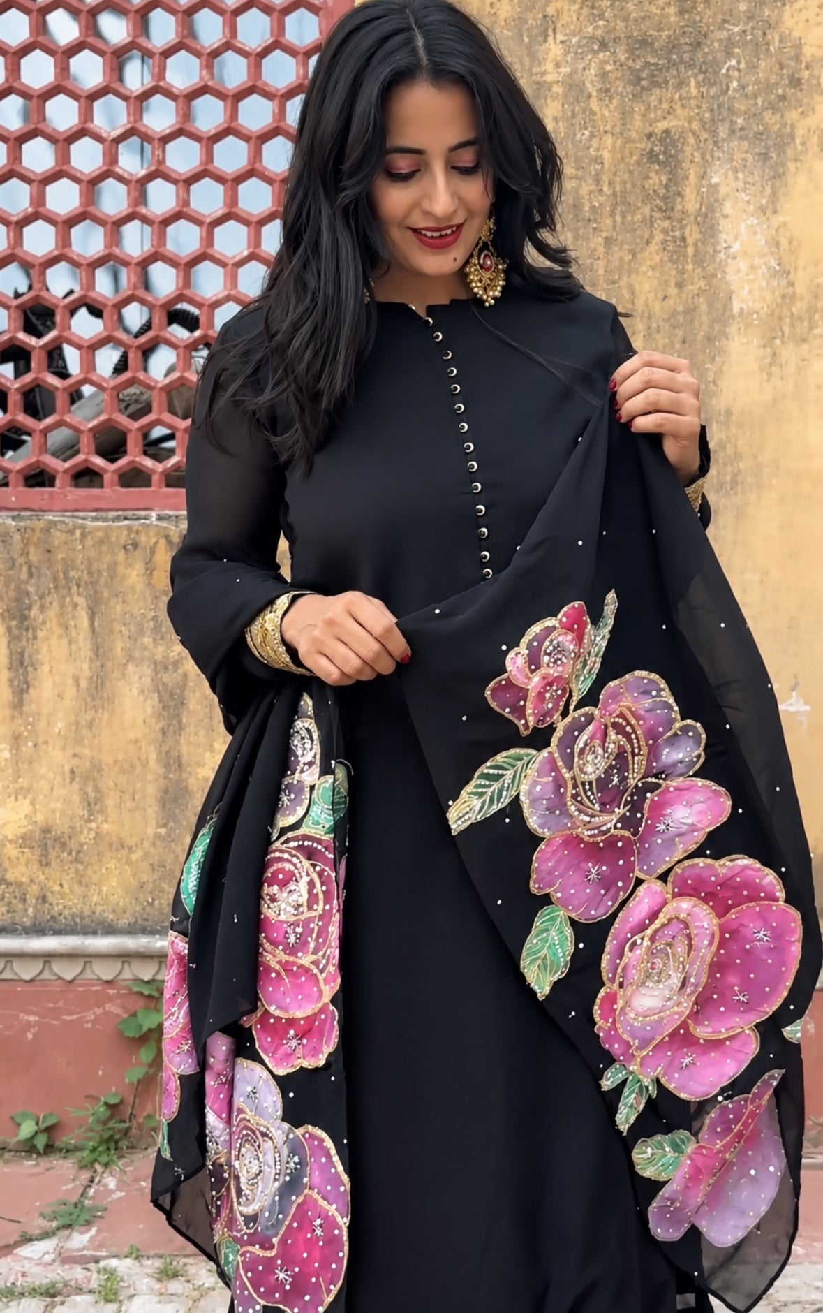 Surma Black Organza Handpainted & Handembroidered Kurta Set of 3