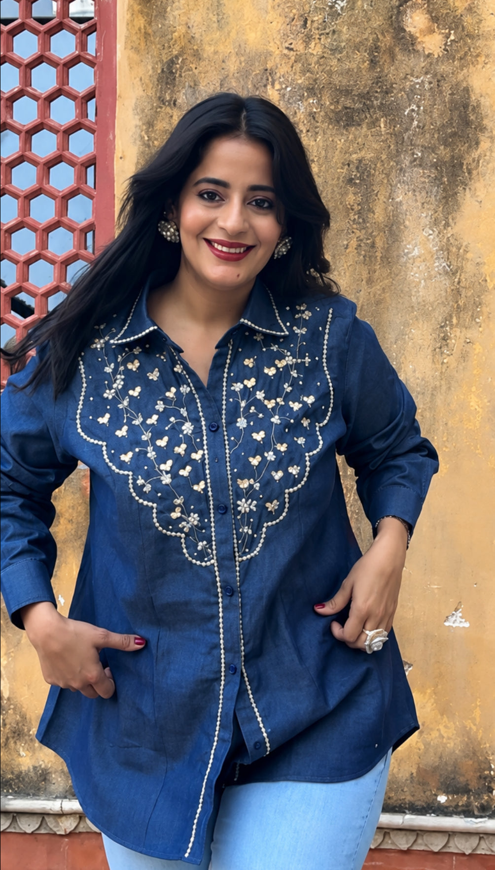 Denim Pearl Handwork Shirt