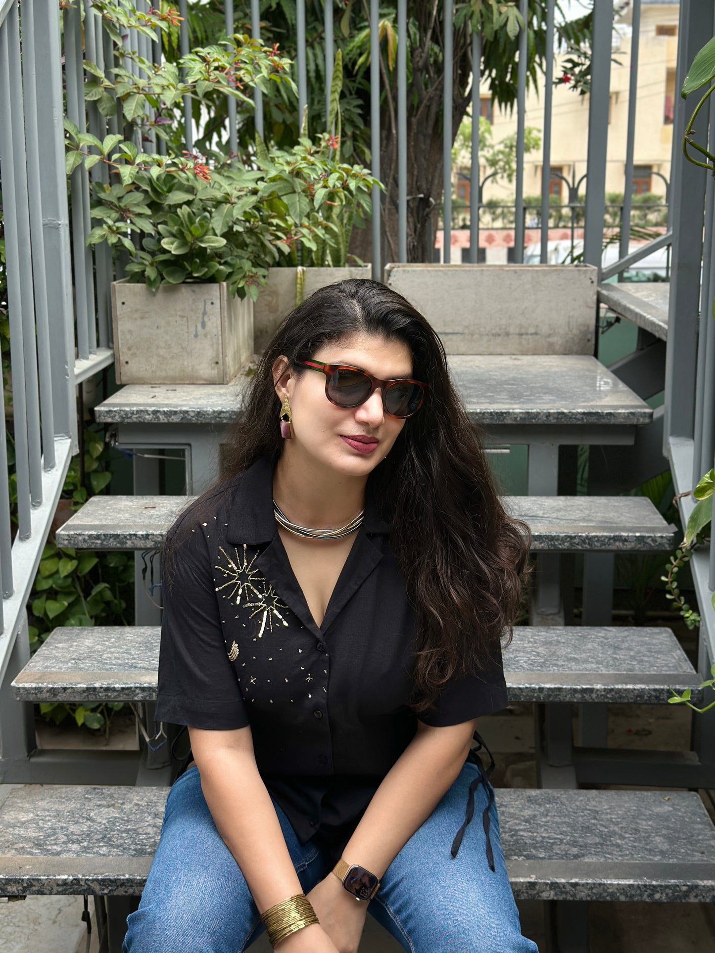 Sitara Handembroidered Black Cotton Shirt