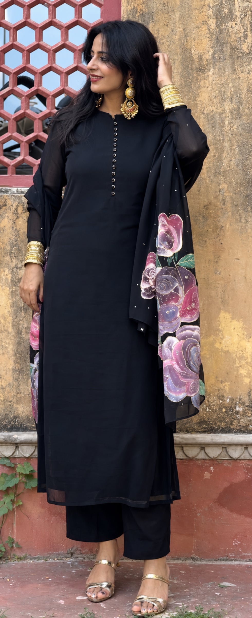 Surma Black Organza Handpainted & Handembroidered Kurta Set of 3